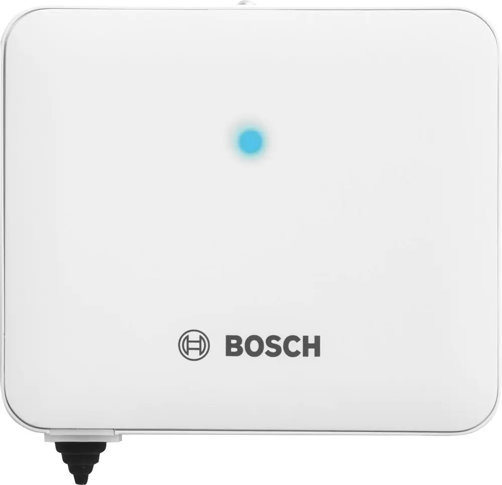 Weißer Adapter von Bosch mit einem blauen LED-Licht. Das Gerät scheint für die Regelung von Heizsystemen konzipiert zu sein.